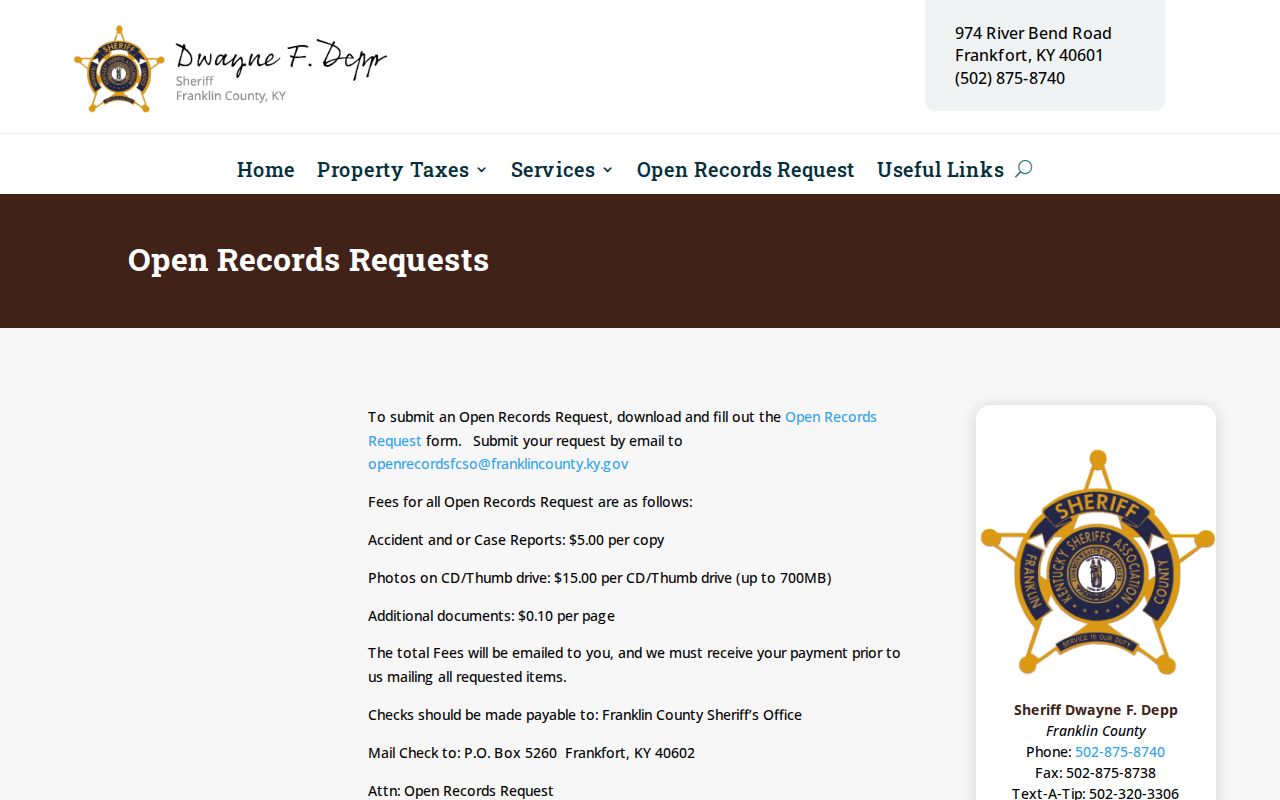 Franklin County arrest record request instructions from the sheriff