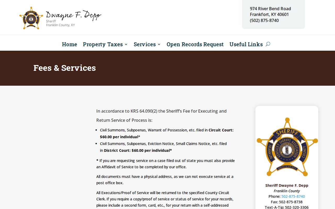 Franklin County arrest report and fingerprint fee information from the sheriff