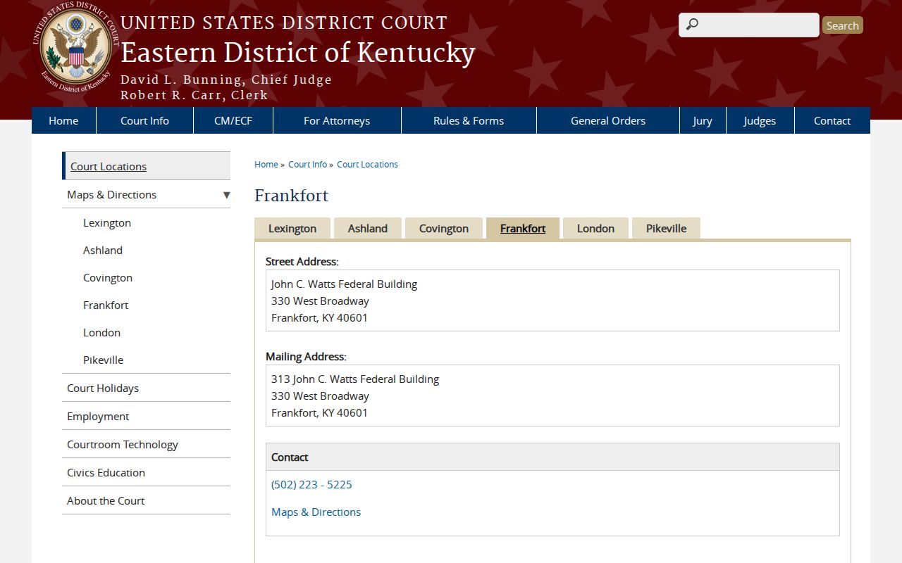 Federal criminal court case access for Franklin County at the Frankfort Division