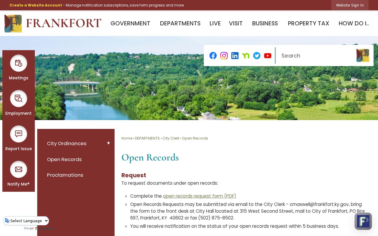 Frankfort criminal record open-records request page