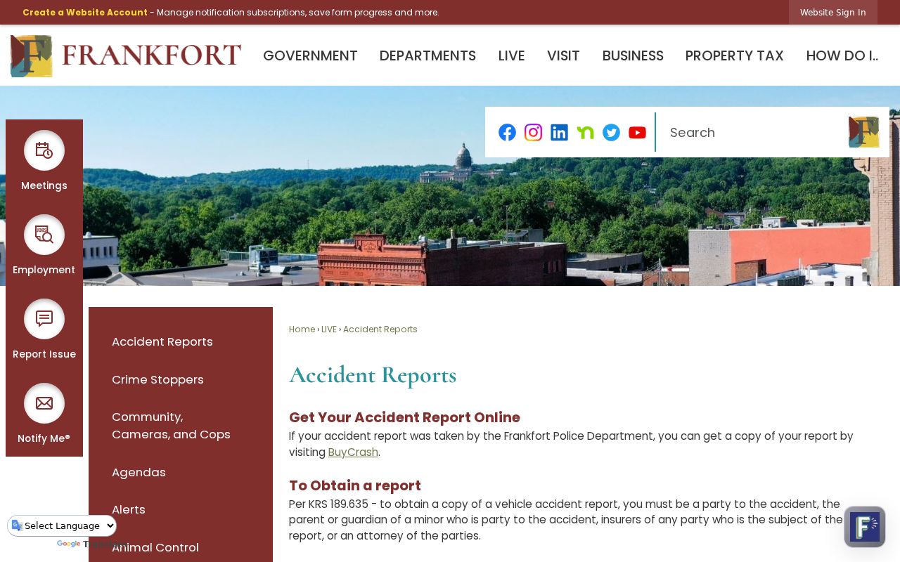 Frankfort accident report search instructions for city records