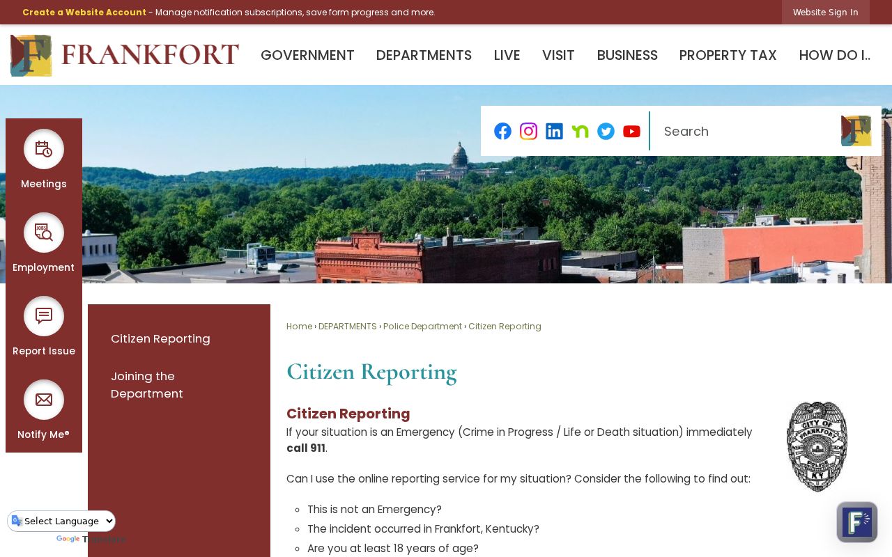 Frankfort criminal report citizen-reporting portal